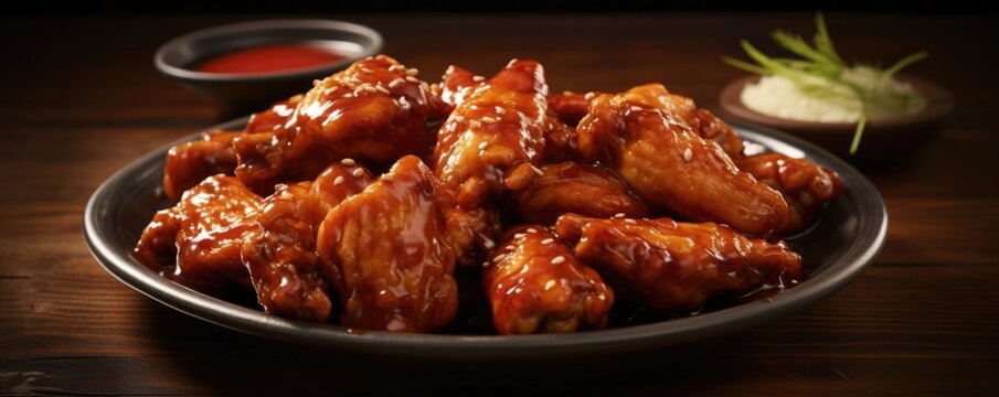 A mouthwatering image showcasing Korean fried chicken wings dipped in a tangy, y sauce. The sauce clings to the tender meat, adding a fiery kick that harmoniously balances with the chickens