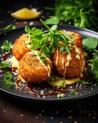 This captivating food shot showcases a plate of crispy vegan cheese fritters, their golden...