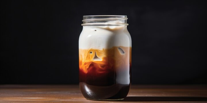 The Nitro cold brew, carefully poured into a trendy mason jar, captivates with its mesmerizing play of colors. The striking contrast between the jet black elixir and the velvety white foam