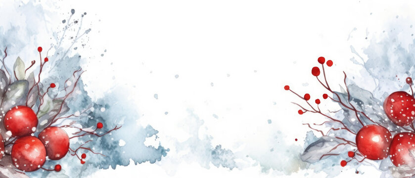 Christmas, New Year, winter ,banner with snowy trees twigs with red berries on white. Copy space.