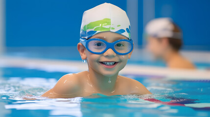 Cute boy in goggles relaxing and floating in swimming pool