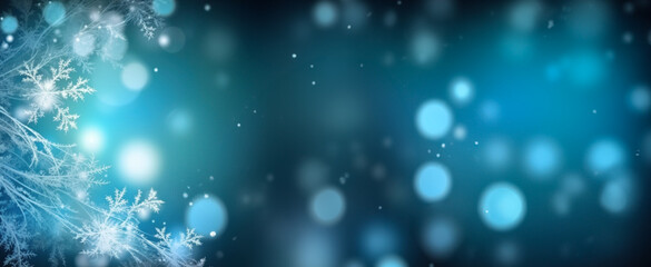 Fototapeta na wymiar Winter, Christmas, New Year festive banner. Thin twigs, snowflakes, bokeh lights on turquoise background. Template for Christmas and New Year holidays. Mock up. Copy space.