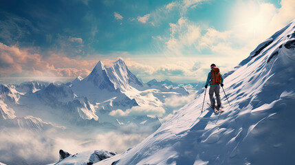 skier in the mountains, winter sport panorama peak ski - by generative ai - obrazy, fototapety, plakaty