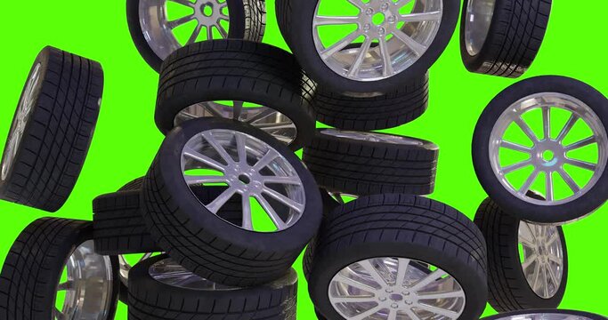 3d render piles of wheels and tires fall and fill the entire screen. Green mockup background for car repair, tire service, maintenance, workshop