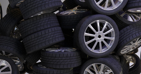 3d illustration of a pile of wheels and tires fill the entire screen. Concept for car repair, tire service, maintenance, workshop