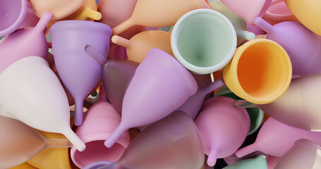 3d illustration of a render of colorful bright menstrual cups. Women's intimate hygiene products fill the screen to the brim. The concept of the benefits of using reusable hygiene products, environmen - obrazy, fototapety, plakaty