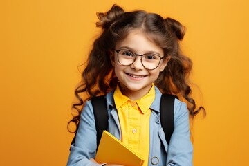 funny child school girl on yellow bacground