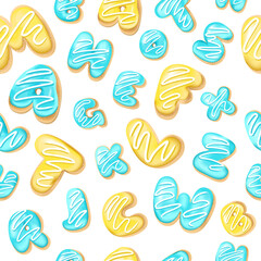 Seamless pattern with letters donuts in realistic style on the white background, 3d. Design for packaging, textures, prints, fabrics. Cake and cookies isolated glazed dessert