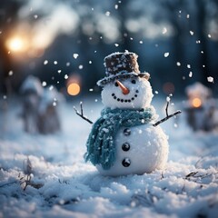 Obraz premium Winter atmospheric landscape with frost-covered, Snowman, Generative AI