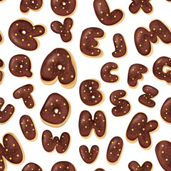 Seamless pattern with letters donuts in realistic style on the white background, 3d. Design for packaging, textures, prints, fabrics. Cake and cookies isolated glazed dessert