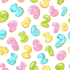 Seamless pattern with digits and numbers donuts in realistic style on the white background, 3d. Design for packaging, textures, prints, fabrics. Vector illustration. Cake and cookies glazed dessert