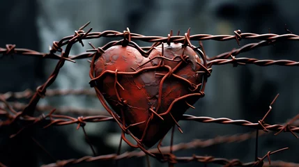 Foto op Canvas A heart ensnared by the sharp twists of barbed wire. This powerful contrast underscores the delicate nature of love and the defenses we erect, either as shields against hurt or echoes of past scars.  © Brian