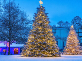 Christmas tree at the courtyard in twilight. Merry Christmas and New year holidays greeting card.