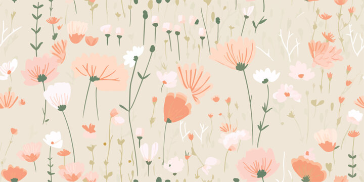 Colorful flower seamless pattern illustration. Children style floral doodle background, funny basic nature shapes wallpaper.