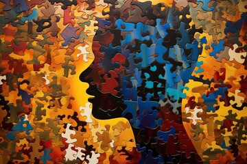 An emblematic representation of human psychology and mental well-being; a head silhouette meticulously crafted from interlocking puzzle pieces. 