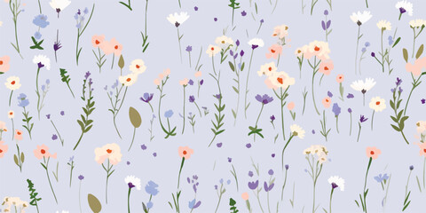 Wildflower seamless pattern with outline florals. Retro style print design with hand drawn doodle flowers in rustic colors. Simple field floral patterns for wallpaper, packaging, fabric design