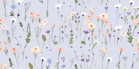 Poster Wildflower seamless pattern with outline florals. Retro style print design with hand drawn doodle flowers in rustic colors. Simple field floral patterns for wallpaper, packaging, fabric design © Eli Berr