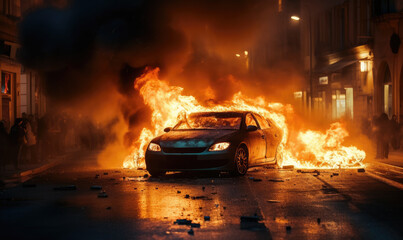 Burning car emitting thick smoke on a street.