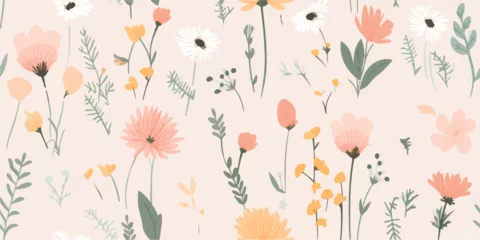 Fotobehang Colorful flower seamless pattern illustration. Children style floral doodle background, funny basic nature shapes wallpaper. © Eli Berr