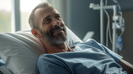 Satisfied male patient in hospital bed. Generative Ai