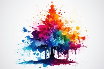 Fototapeta na wymiar Multicolored watercolor Christmas tree with splashes and stains of paint on a white background