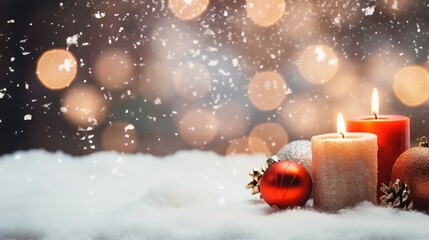 Christmas decorations candles, snowy backgroundai generated Christmas background illustration
