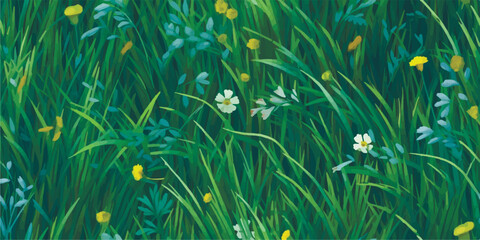 White flowers seamless pattern vector illustration on a background of green grass. Beautiful natural background.