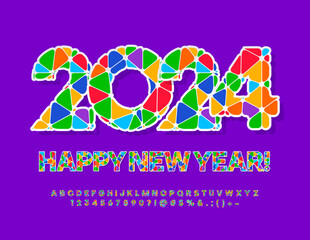 Vector bright Greeting Card Happy New Year 2024! Colorful mosaic Font. Motley set of Alphabet Letters, Numbers and Symbols set