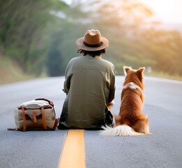 Mann mit Hund auf der Straße - 654397155