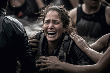 An Image Capturing the Dramatic Emotion of Relief as a Tearful Survivor Escapes Panic and Gratefully Embraces the Rescuers. Moments of Pain. Flood Survivor