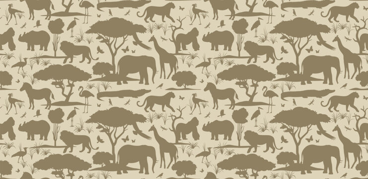 African animals in the habitat seamless pattern. Vector silhouette illustration of wildlife. Wild nature wallpaper for home decoration, fabric, postcard, print, poster etc.