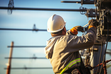 Electrical worker working on a high voltage power pole