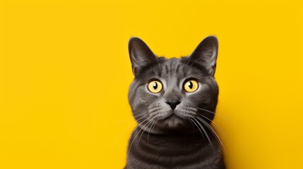 Portrait of a gray cat looking curiously at the viewer, on a yellow background