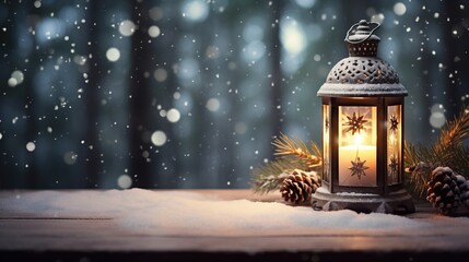 Christmas lantern snowy decorations ai generated Christmas background illustration - Powered by Adobe