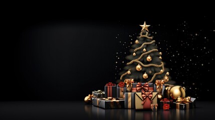 Christmas tree decorations, gifts black backgroundai generated Christmas background illustration