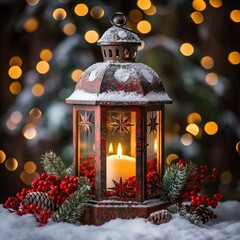 Lantern, snowfall, christmas decorationsai generated Christmas background illustration