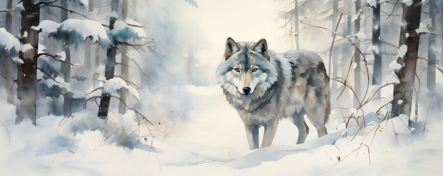 winter forest landscape with snow and wolf watercolor