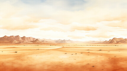 orange and yellow sandy landscape of a desert with cloudscape over the horizon watercolor - obrazy, fototapety, plakaty