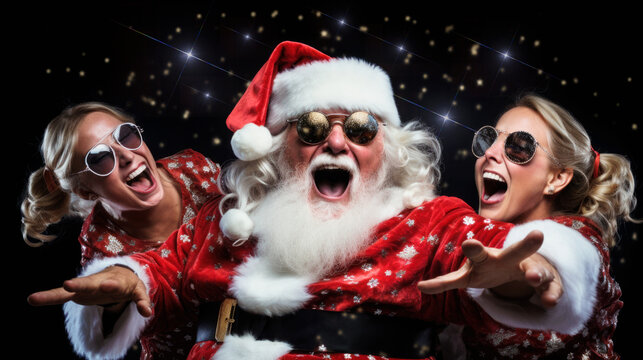 smiling Santa Claus with two happy women 