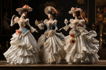 Beautiful antique dolls in baroque style on a wooden table, tutu clothing, dolls with tutu and hat...