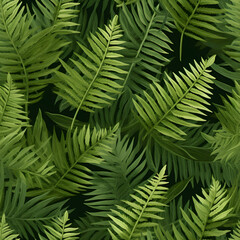 Fern leaves have a seamless pattern on a green background.