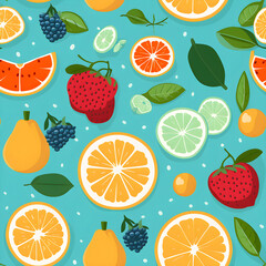 seamless pattern of fruits on a blue background, oranges, strawberries, lemons, grapes