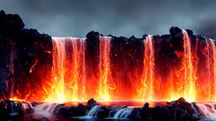 Una catarata de lava, con cielo gris - obrazy, fototapety, plakaty