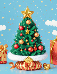 Christmas tree with star. Merry Christmas and Happy New Year. light garlands, bauble ball, Gift box, surprise gifts, gold confetti. Cute Cartoon