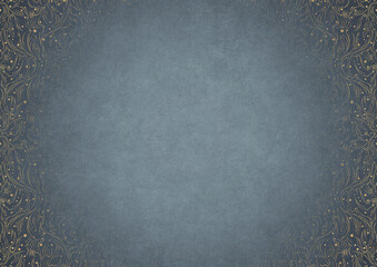 Light blue textured paper with vignette of golden hand-drawn pattern on a darker background color. Copy space. Digital artwork, A4. (pattern: p11-2b) - obrazy, fototapety, plakaty