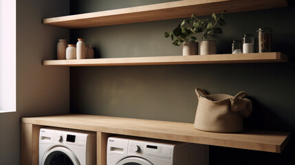 Interior of home laundry room with modern washing machine with beautiful natural wooden shelf