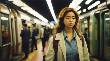 Portrait of young Asian woman waiting for a train at subway station