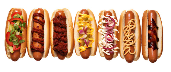 top view Hot Dogs With Different Sauces. Isolated on Transparent background.