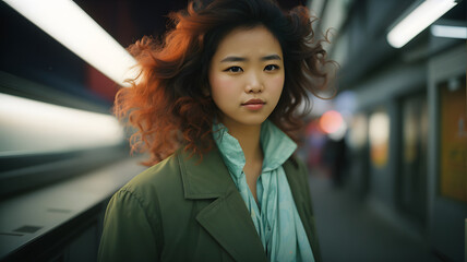 Portrait of young Asian woman waiting for a train at subway station