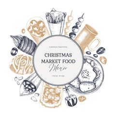 Christmas market food menu design. Hand-drawn vector illustration. Mulled wine, sweets, raclette, French fries, pastries, grilled sausages, roasted almond sketches. European Christmas fair wreath